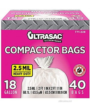 Ultrasac 771228 Trash Compactor Bags 40 Pack with Ties 18 Gallon for 15 inch Compactors 25" x 35" Heavy Duty 2.5 MIL Garbage Disposal Bags Compatible with Kitchenaid Kenmore Whirlpool GE Gladiator