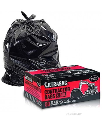 Ultrasac Heavy Duty Contractor Bags Value 50 Pack w Ties 42 Gallon 2'9" X 4' 3 MIL Thick Large Black Industrial Garbage Trashbags for Construction and Commercial use