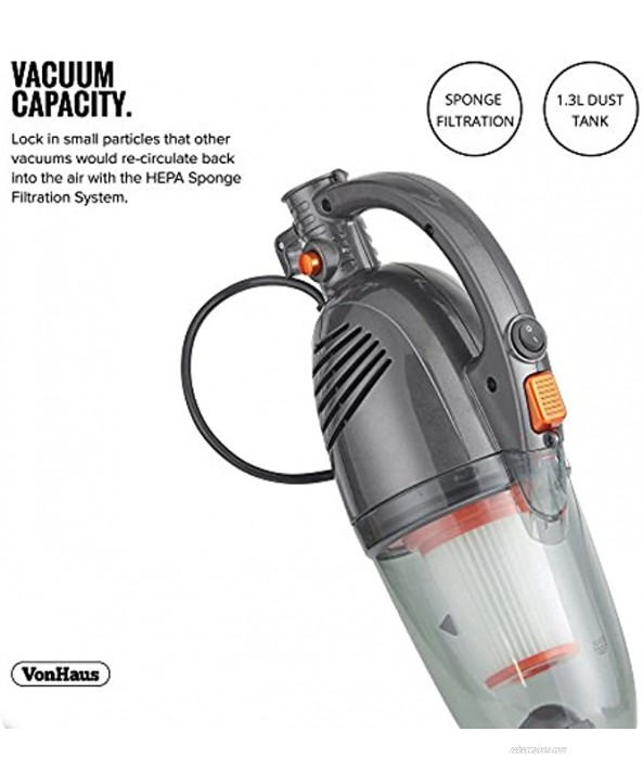 VonHaus Stick Vacuum Cleaner 600W Corded – 2 in 1 Handheld Vacuum Cleaner Upright Vacuum Cleaner – Lightweight Design HEPA Filtration Extendable Handle Crevice Tool and Brush Accessories