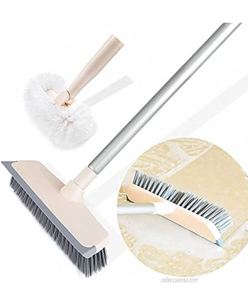 DELUX Scrub Brush with Long Handle -55'' Stiff Brush Floor Scrubber with 2 Brush Heads 3 in 1 Scrape and Brush Cleaning Brush for Bathroom Deck Tub Tile Kitchen Swimming Pool Patio Garages