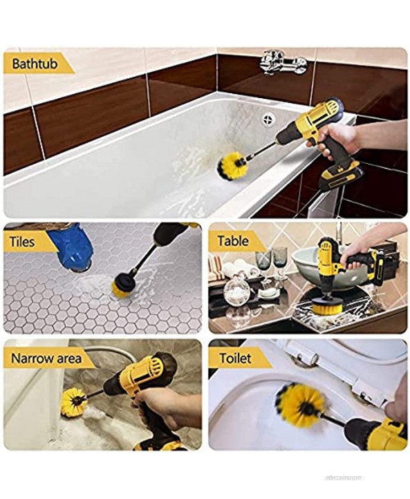 Drill Brush Attachment Set,5 Pack Power Scrubber Cleaning Kit ,Scrub Brush with Extend Long Attachment All Purpose Drill Scrub Brush Kit for Cleaning Shower,Grout,Tile,Bathroom,Kitchen Surface（Yellow）