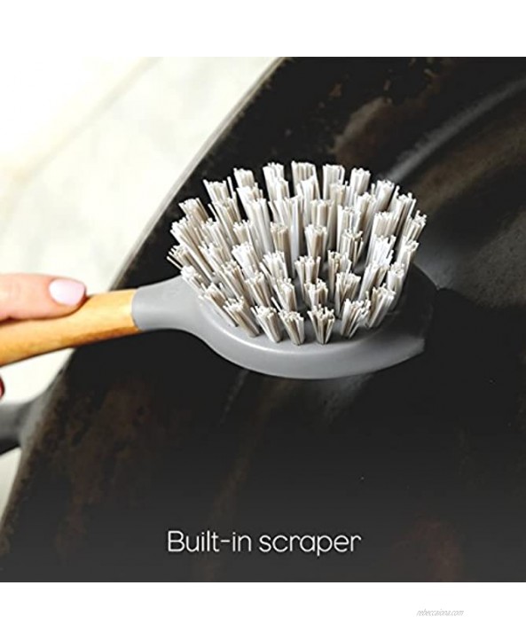 Full Circle Tenacious C Cast Iron Brush and Scraper with Bamboo Handle – Skillet Scrubber with Tough Nylon Bristles Grey One Size Gray