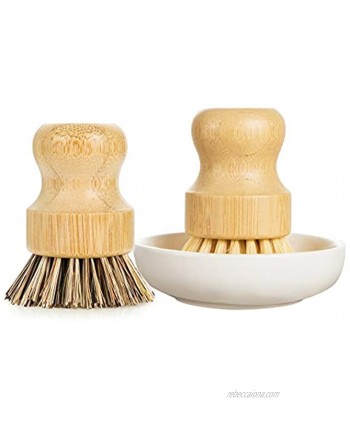 GREENTH PRO Palm Pot Dish Brush- Eco Friendly Bamboo 2 Packs Mini Durable Scrub for Kitchen Cleaning with Ceramics Holder