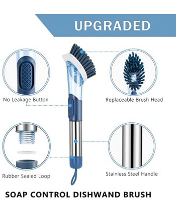 NileHome Soap Dispensing Dish Brush Kitchen Scrub Brush with Replaceable PP Brush Head Soap Control Dishwand Cleaning Brush with Stainless Steel Handle Dish Brush with Soap for Pots and Dishes Blue