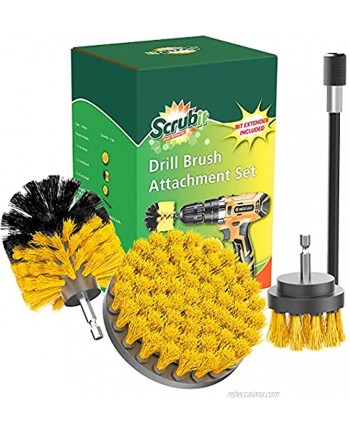SCRUBIT Drill Brush Attachment Set Power Scrubber Tile and Grout Tool Use for Kitchen Shower Bathtub and Floor Surface All Purpose Household Cleaning Kit Includes 3 Brushes with A Bit Extender