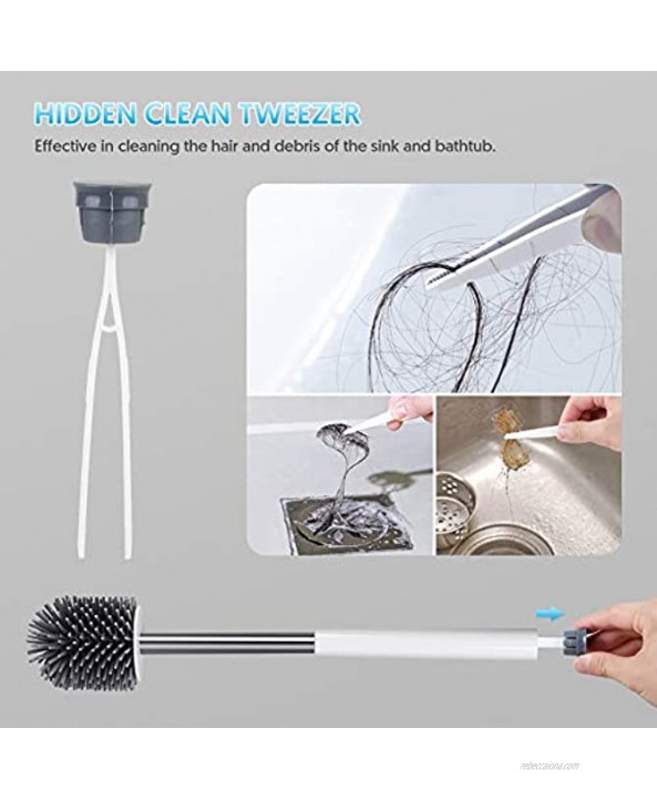 Toilet Brush and Holder Set Domi-patrol Toilet Bowl Brush and Holder for Bathroom Organization Soft Bristle Silicone Toilet Brush Wall Mounted & Floor Standing with Tweezers White