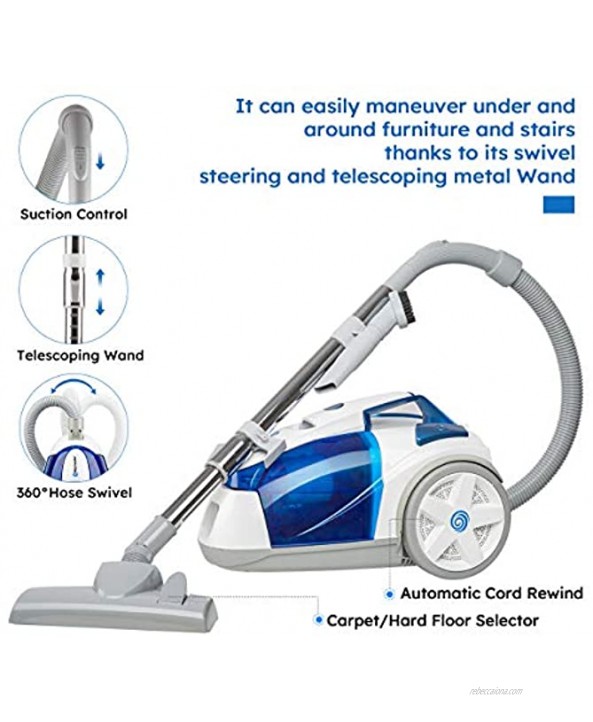 Vacmaster Bagless Canister Vacuum Portable Cyclonic Corded Vacuum Cleaner with Washable HEPA Filter & Automatic 16ft Cord Rewind Included 2.5L Dust Cup for Tiles Hard Floor and Pet Hair