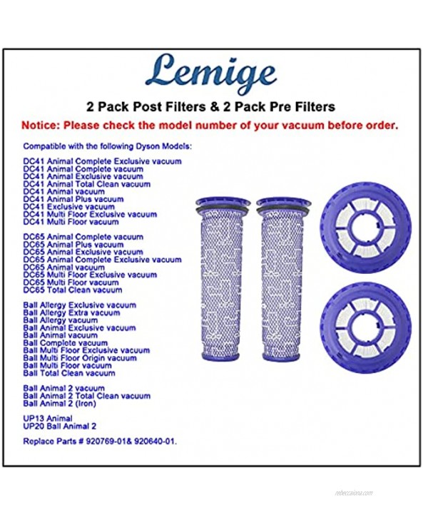 Lemige 2 Pack Post Filters & 2 Pack Pre Filters Replacement for Dyson DC65 DC66 DC41 UP13 UP20 Animal Multi Floor and Ball Vacuums Compare to Part #920769-01&920640-01