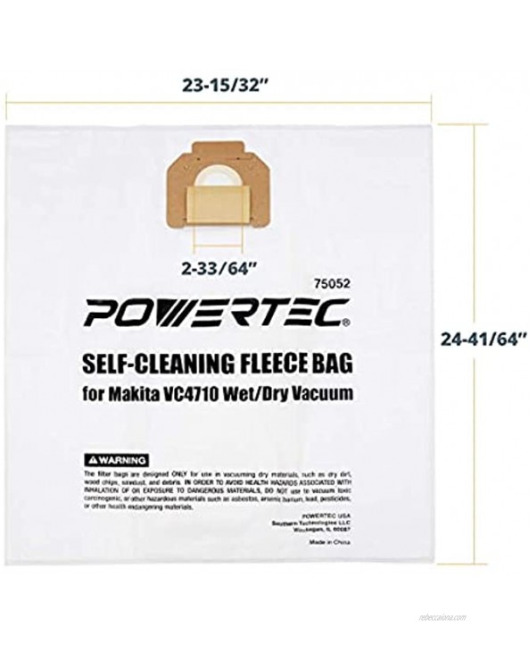 POWERTEC 75052 Fleece Filter Bags for Makita P-78293 Fits VC4710 Vacuum 5PK