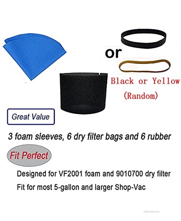 S SMILEFIL 3 Pieces of 90585 Foam Filter Sleeves 6 Pieces of Shop Vac Reusable 9010700 Dry Filter Disc Bags & 6 Retaining Bands for Most Shop-Vac Wet Dry Shop Vacuum Cleaners