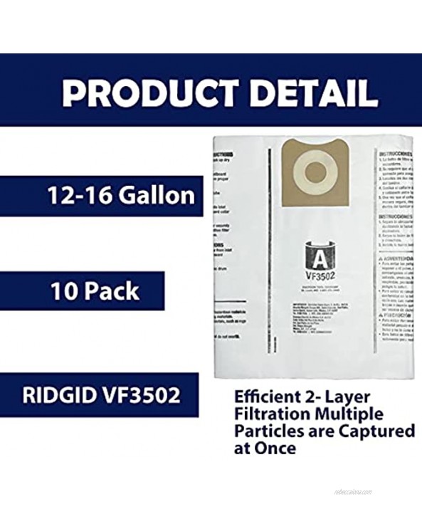 Tispufier 10 Pack Size A Dust Bags Replacement Compatible with Ridgid 10-16 Gallon Wet Dry Vacuums. Replaces part # VF3502