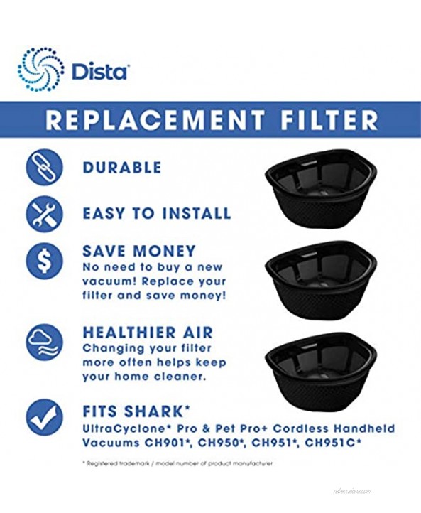 Dista Filter Dust Cup Filter Compatible with Shark UltraCyclone Pro & Pet Pro+ Cordless Handheld Vacuums CH901 CH950 CH951 CH951C. Compare to Part # XFTRCH900 Pack of 3