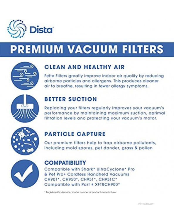 Dista Filter Dust Cup Filter Compatible with Shark UltraCyclone Pro & Pet Pro+ Cordless Handheld Vacuums CH901 CH950 CH951 CH951C. Compare to Part # XFTRCH900 Pack of 3