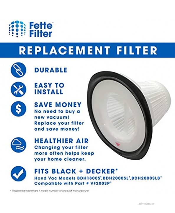 Fette Filter Vacuum Filter Compatible with Black and Decker Hand Vac For Models #'s BDH1800S BDH2000SL BDH2000SLB. Compare to Part # VF200SP Pack of 2