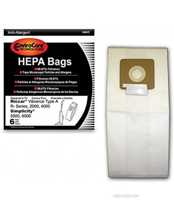 EnviroCare Replacement HEPA Filtration Vacuum Cleaner Dust Bags made to fit Riccar Vibrance Type A R-Series 2000 4000 Simplicity 5000 6000 6 Pack