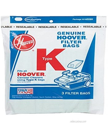 Hoover Type K Canister 2 Ply Vacuum Paper Bags 3 P