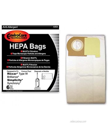 Envirocare Replacement HEPA Filtration Vacuum Cleaner Dust Bags made to fit Riccar Type W Brilliance and Simplicity Synchrony Vacuum Cleaners 6 pack