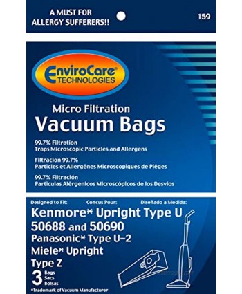 EnviroCare Technologies Micro Filtration Vacuum Bags Designed to fit Kenmore Upright 50688 and 50690 Panasonic Type U-2 and Miele Upright Type Z