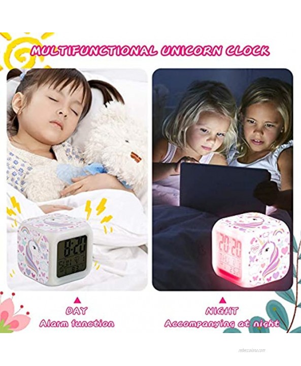 TOUCH X Girls Alarm Clocks Unicorn Night Light Kids Alarm Clocks with 4 Sided Unicorn Pattern&9 Kinds of LED Glowing Wake Up Bedside Clock Gifts for Unicorn Room Decor for Girls Bedroom