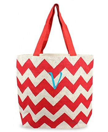 Cathy's Concepts Personalzied Chevron Parchment Jute Tote Bag Red Letter V