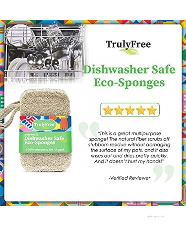 Truly Free Natural Cleaning Sponges 3 Pack Compostable Dish Scrubber Kitchen Sponge Scouring Pad Reusable Durable 100% Organic Luffa Dishwashing and Kitchen Stuff Cleaning Supplies