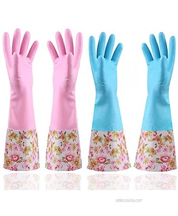 KINGFINGER Rubber Latex Waterproof Dishwashing Gloves,2 Pair Medium Long Cuff Flock Lining Household Cleaning Gloves
