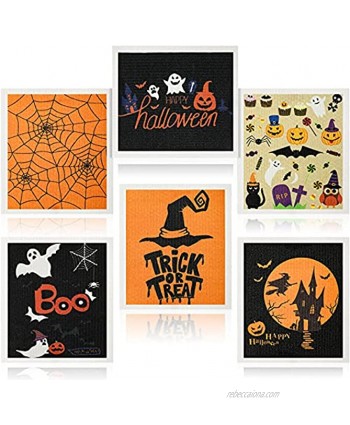 6 Pieces Mixed Halloween Swedish Dishcloths Reusable Halloween Dish Towels Absorbent Cleaning Cloth Fast Dry Kitchen Dishcloth with Pumpkin Ghost Witch Hat Spider Web Pattern for Kitchen Cleaning Wipe