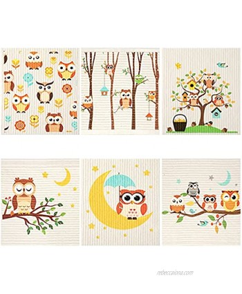 Set of 6 Owls Swedish Dishcloths High Absorbent and Quick Drying Cleaning Cloth No Odor Reusable Cleaning Wipes for Kitchen Hand Counter