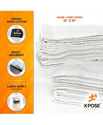 Xpose Safety Bar Mop Towels 12 Pack Terry Cloth Cotton Premium Quality Absorbent Home Kitchen and Restaurant White Cleaning Rags 16" x 19"